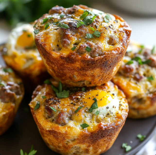 Sausage egg muffin with cheese and vegetables on a plate.