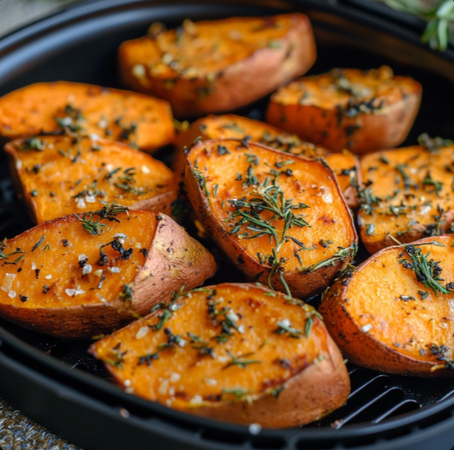 Crispy air fryer sweet potatoes served in a bowl with a golden-brown exterior and soft interior.