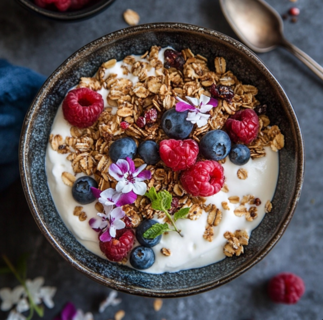 Granola cereal with nuts, seeds, and dried fruit in a bowl