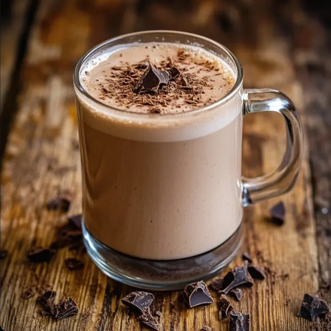 A glass of homemade chocolate milk with cocoa powder and milk