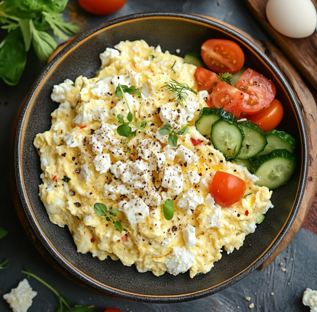 Scrambled eggs with cottage cheese and veggies in a bowl.